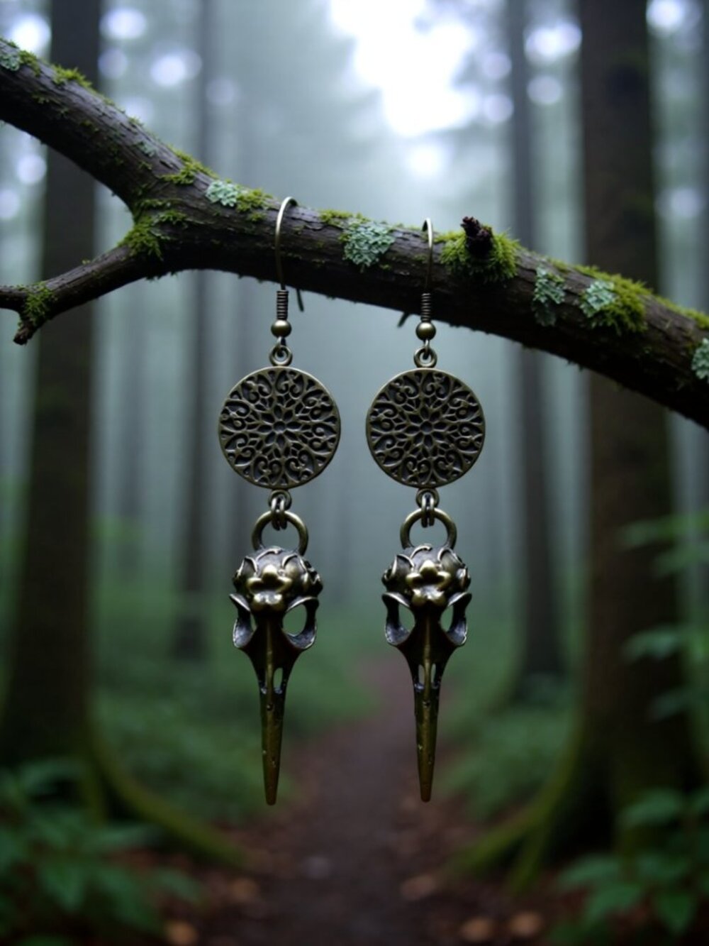 Bronze Raven Skull & Filigree Mandala Earrings - Dark Academia Goth Gothic